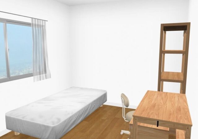 6畳間にベッドと学習家具をレイアウトしたレイアウトの一例